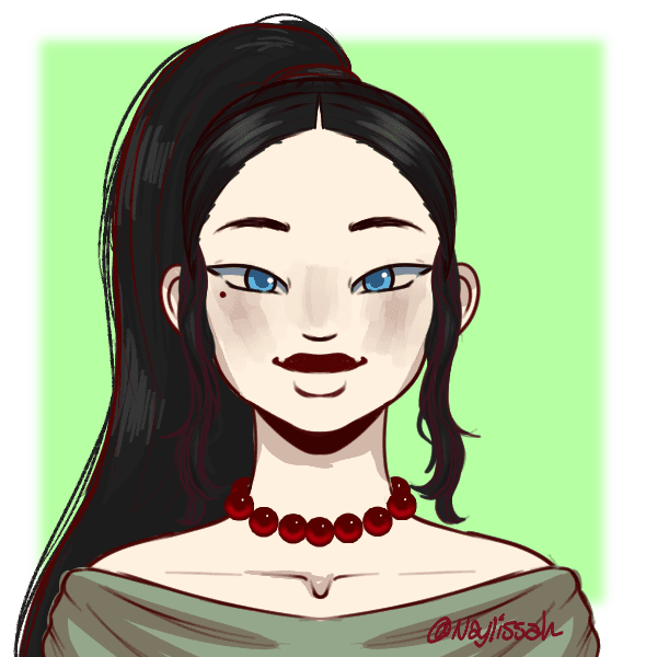 An illustration of an asian woman with black hair in a ponytail and a green robe