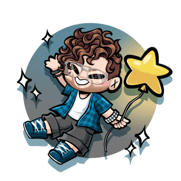 A little mascot version of me, with brown hair, a plaid shirt and a balloon